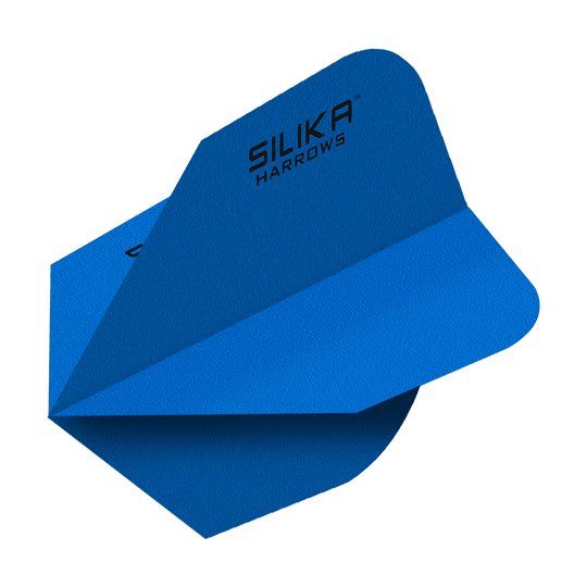 Revêtement cristallin solide et résistant en silice Harrows, bleu n° 6 Das Bild zeigt blaue Dartflights mit der Aufschrift "Silika Harrows". Die Flights haben eine feste, kristalline Beschichtung und sind in der Form No6 gestaltet.