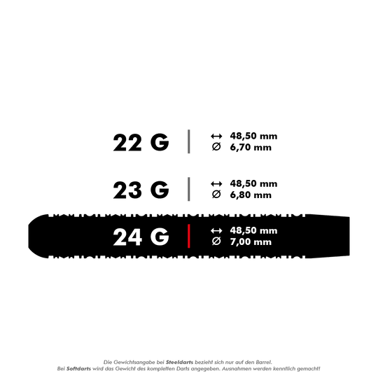 190209_Target_Rob_Cross_Black_Edition_2023_Swiss_Point_Steeldarts_5_24g Das Bild zeigt die technischen Daten eines Steeldarts mit einem Gewicht von 24 Gramm. Der Dart ist 48,50 mm lang und hat einen Durchmesser von 7,00 mm.