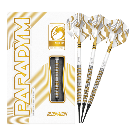 Fléchettes souples Red Dragon Paradym Gold Parallel - 20 g Das Bild zeigt die Red Dragon Paradym Gold Parallel Softdarts - 20g in voller Länge. Die goldfarbenen Darts wirken hochwertig und professionell.