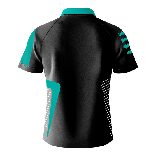 T-shirt Bulls Team Dart - Menthe Das Bild zeigt das "Bulls Team Dartshirt - Mint" von hinten. Das Shirt ist überwiegend schwarz mit mintfarbenen und weißen Akzenten.