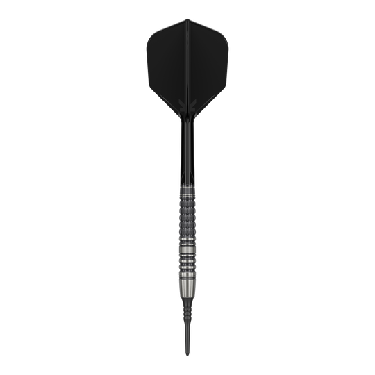 Fléchettes souples Target Japan Black Marque Lumiere GEN3 - 18,5 g Das Bild zeigt einen Softdart mit schwarzer Spitze, schwarzem Shaft und Flight sowie einem silbernen, strukturierten Barrel. Es handelt sich um den "Target Japan Black Marque Lumiere GEN3 Softdarts - 18,5g".