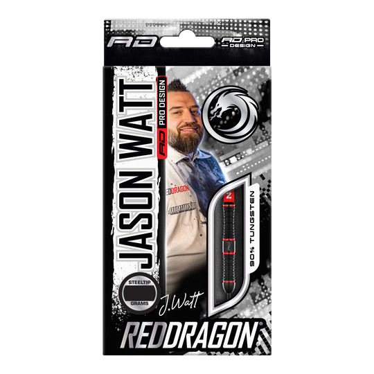 Fléchettes en acier Red Dragon Jason Watt - 22 g Die Abbildung zeigt die Verpackung der "Red Dragon Jason Watt Steeldarts - 22g". Auf der Vorderseite sind ein Bild von Jason Watt, der Dartpfeil und das Red Dragon-Logo zu sehen.