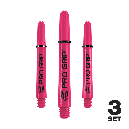 Das Bild zeigt drei pinke Pro Grip Shafts für Darts. Unten rechts steht "3 Set" geschrieben.