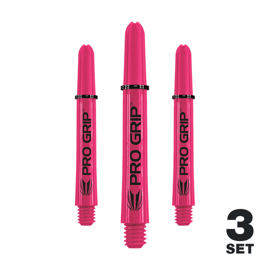 Tiges Target Pro Grip - 3 jeux - Rose Das Bild zeigt drei pinke Pro Grip Shafts für Darts. Unten rechts steht "3 Set" geschrieben.