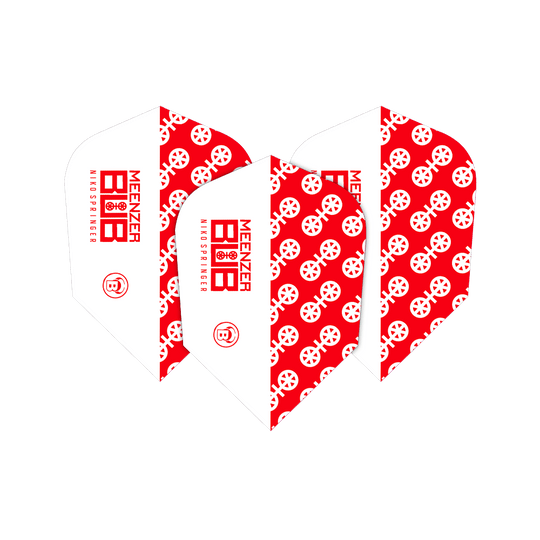 Vols Bulls X-Powerflite Niko Springer XXL B-Standard Das Bild zeigt drei Dart-Flights des Modells "Bulls X-Powerflite Niko Springer XXL B-Standard Flights". Die Flights sind rot-weiß gestaltet und mit einem auffälligen Muster sowie dem Schriftzug "MEENZER NIKO SPRINGER" bedruckt.