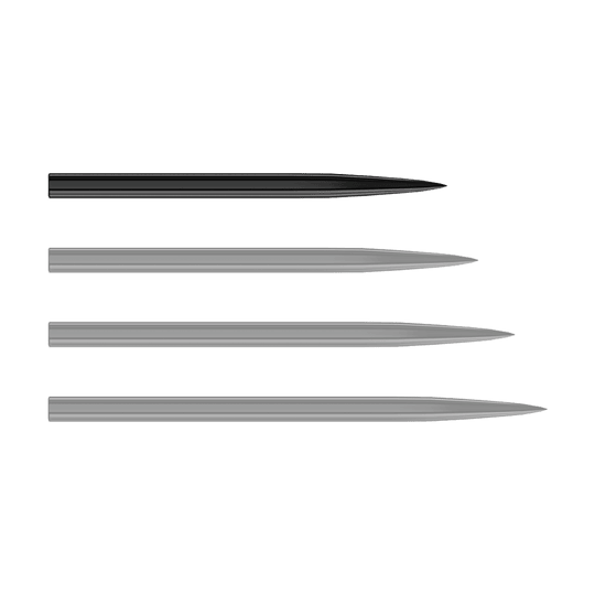 Pointes de fléchettes en acier Harrows - noires Auf dem Bild sind vier schwarze Steeldartspitzen zu sehen, die nebeneinander liegen. Sie sind schlank und jeweils an einem Ende spitz zulaufend.
