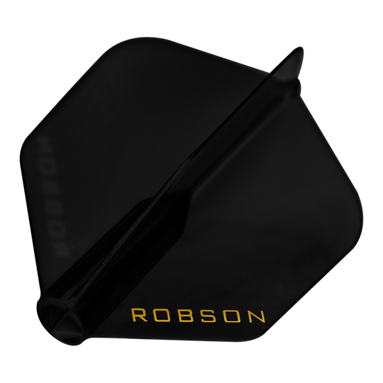 Vols Robson Plus - Standard Das Bild zeigt einen schwarzen Dart-Flügel mit der Aufschrift "ROBSON" in gelber Farbe. Der Flügel hat eine standardmäßige, fünfeckige Form.