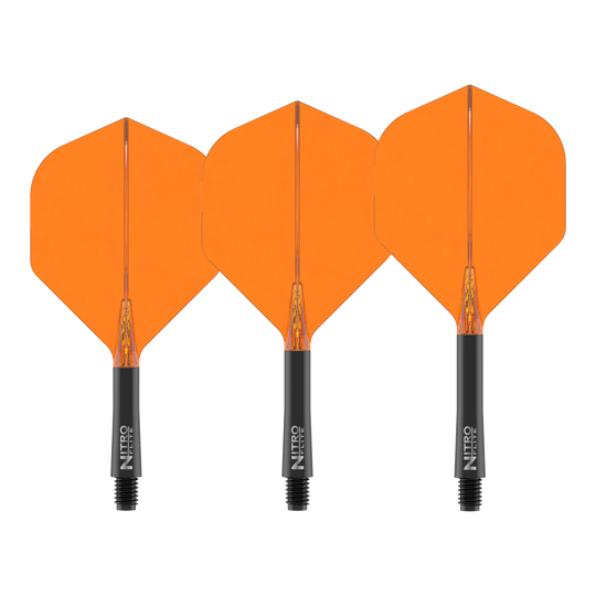 Red Dragon Nitroflite, tige noire, ailettes orange n° 2 Dies ist das Produkt Red Dragon Nitroflite Black Shaft Orange Flights No2. Es wird ein Dart-Schaft mit orangefarbenen Flights gezeigt.