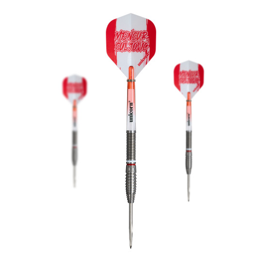 Fléchettes en acier Suljovic The Gentle à l'échelle de la licorne - 23 g Die Abbildung zeigt Unicorn Mensur Suljovic The Gentle Steeldarts - 23g als Set. Es handelt sich um ein komplettes Dart-Set für ambitionierte Spieler.
