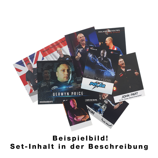 Ensemble de cartes de joueur avec autographe Das Bild zeigt ein Set von Spielerkarten mit bekannten Dartspielern. Auf den Karten sind Fotos und Namen der Spieler abgebildet.