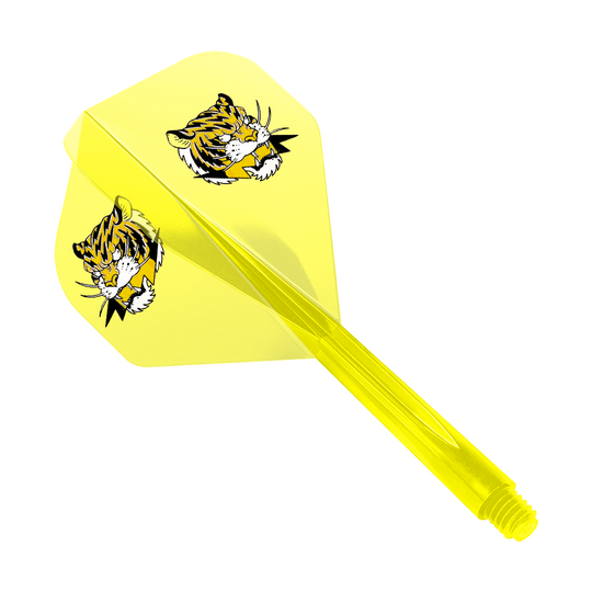 Condor AX Inazuma Tiger Mix Flight System Jaune Clair - Standard Das Bild zeigt einen gelben Dart-Flight mit zwei Tigerköpfen als Motiv. Das Produkt ist das "Condor AXE Inazuma Tiger Mix Flight-System Yellow Clear - Standard".