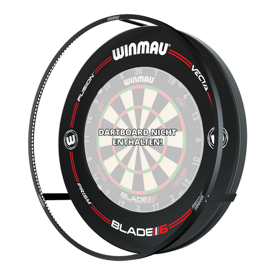 ENSEMBLE Winmau Plasma LED éclairage et surround Das Bild zeigt das Winmau Plasma LED Beleuchtung und Surround Bundle für Dartboards. In der Mitte steht der Hinweis "Dartboard nicht enthalten!".