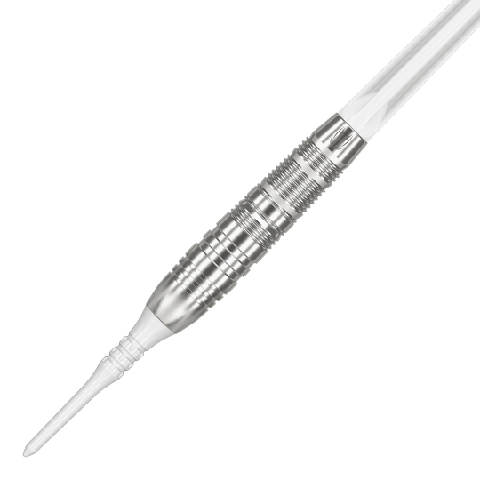 Fléchettes souples Target Japan Crux Trust - 17 g Dies ist ein silberner Softdartpfeil mit einem weißen Kunststoffspitze. Das Produkt heißt "Target Japan Crux Trust Softdarts - 17g".
