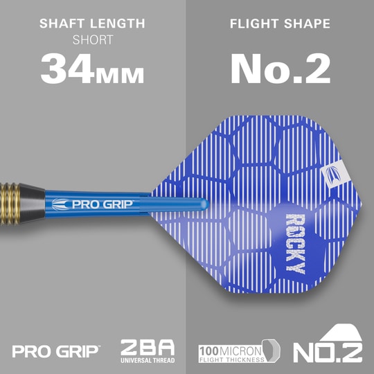 Fléchettes en acier laiton Target Josh Rock - 22 g Das Bild zeigt einen Target Josh Rock Brass Steeldart mit einem blauen PRO GRIP Schaft. Der Schaft ist 34 mm lang und das Flight hat die Form No.2.