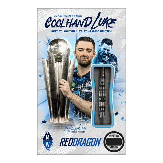 Fléchettes en acier Red Dragon Luke Humphries Prestige Das Bild zeigt das Produkt "Red Dragon Luke Humphries Prestige Steeldarts". Auf der Verpackung ist Luke Humphries mit einem Pokal und einem Steeldart abgebildet.