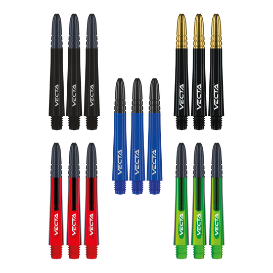 Collection de manches Winmau Vecta Das Foto zeigt die Winmau Vecta Shaft Collection. Die Sammlung umfasst verschiedene Dartschäfte.