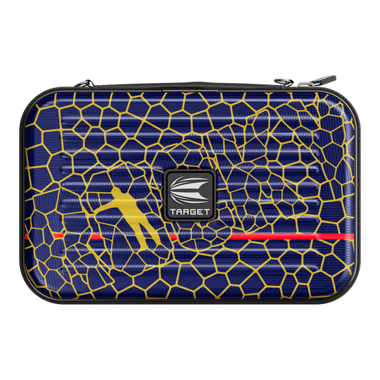 Das Bild zeigt ein Dartcase mit dem Namen "Target Takoma Josh Rock XL Dartcase". Das Etui ist dunkelblau mit einem gelben Wabenmuster und hat in der Mitte ein Target-Logo.