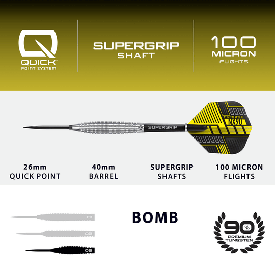 Fléchettes en acier Harrows NX90 Bomb Quick Point Hier ist das Produkt Harrows NX90 Bomb Quick Point Steeldarts abgebildet. Die Darts werden für professionelle Spiele verwendet.