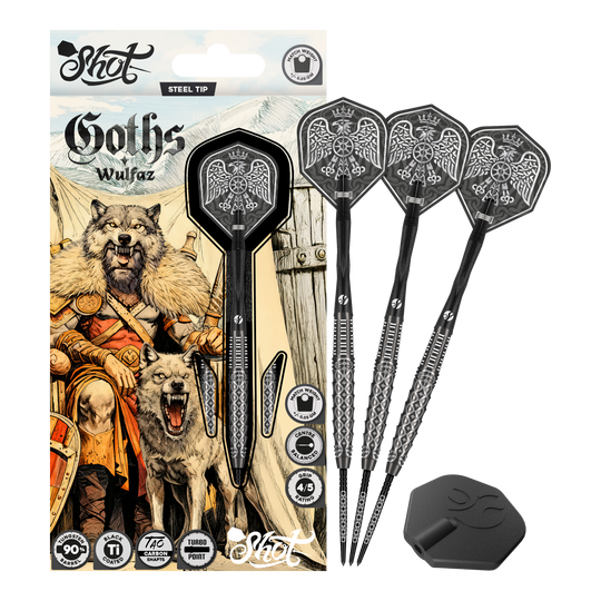 Fléchettes en acier Shot Goths Wulfaz Turbo Point - 23 g Auf diesem Bild sieht man die Shot Goths Wulfaz Turbo Point Steeldarts - 23g in voller Ansicht. Das Design ist auffällig und für Dart-Fans interessant.