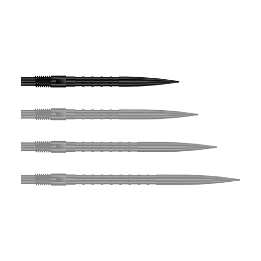 Pointes de fléchettes Harrows Quick Point Heavy Metal - Noires Das Bild stellt QP33164 Harrows Quick Point HeavyMetalGrip Dartspitzen Schwarz 26mm dar. Diese Dartspitzen sind schwarz und besitzen einen starken Metallgriff.