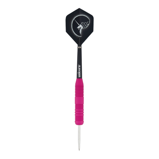 Fléchettes Unicorn Core Plus en acier rose caoutchouté Dies ist ein Steeldart mit einer pinken, gummierten Griffzone. Das Flight zeigt ein Einhorn-Design auf schwarzem Hintergrund.