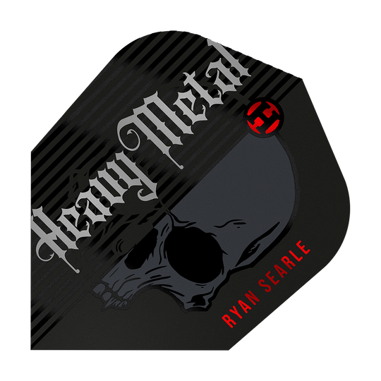 Vols de la série 2 de Heavy Metal de Ryan Searle de Harrow Das Bild zeigt ein Dart-Flight mit dem Aufdruck "Heavy Metal" und einem Totenkopf-Design. Unten rechts steht in roten Buchstaben der Name "Ryan Searle".