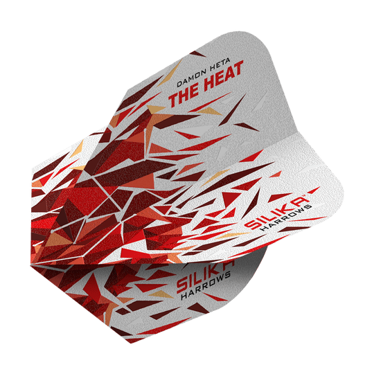 Dies ist ein Harrows Silika Damon Heta 2 Solid Tough Crystalline Coating No6 Flight. Das Flight-Design zeigt ein auffälliges Muster in Rot-, Weiß- und Goldtönen mit den Aufschriften "THE HEAT" und "SILIKA".