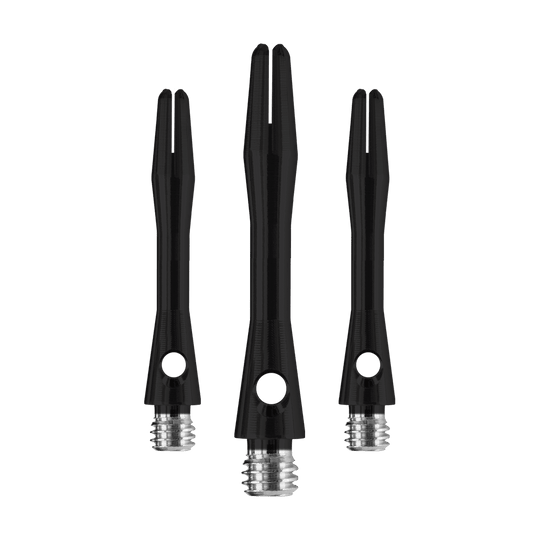 HR366_Harrows_Keramic_Shafts_Schwarz_35mm_1pOJsXRXKWghyk Das Bild zeigt drei Harrows Keramic Shafts in Matt Schwarz. Die Shafts haben eine glatte Oberfläche und ein silbernes Schraubgewinde.