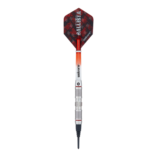 Fléchettes souples Unicorn Ballista Style 2 Das Bild zeigt einen Softdart aus der Produktreihe "Unicorn Ballista Style 2". Der Dart hat eine rot-schwarze Flight und einen silbernen, strukturierten Schaft.