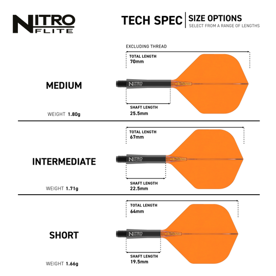 Red Dragon Nitroflite, tige noire, ailettes orange n° 2 Hier sieht man den Red Dragon Nitroflite Black Shaft Orange Flights No2. Die Kombination aus schwarzem Schaft und orangen Flights ist deutlich zu erkennen.