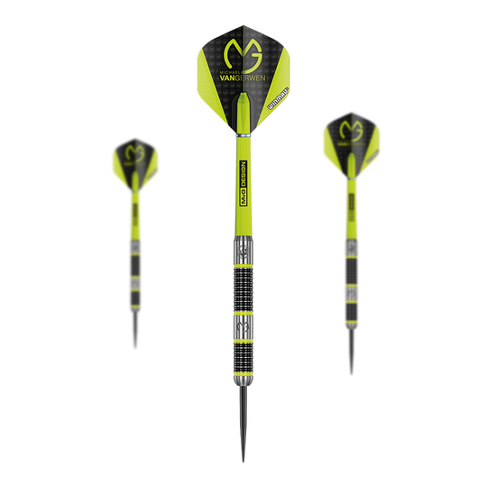 Fléchettes en acier Winmau Michael Van Gerwen MvG Aspire Das Bild zeigt drei Winmau Michael Van Gerwen MvG Aspire Steeldarts. Die Darts sind schwarz-gelb gestaltet und tragen das MvG-Logo auf den Flights.