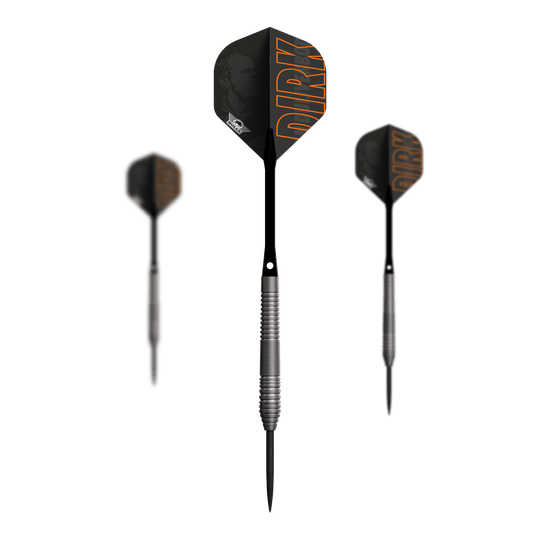 Das Bild zeigt drei Steeldarts des Modells "Bulls NL Dirk Van Duijvenbode 80". Die Darts haben schwarze Flights mit dem Schriftzug "DIRK" in orange und silberne, gerillte Griffe.