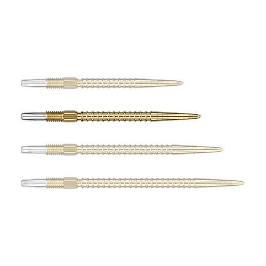 Pointes de fléchettes Target Swiss Point Chrono Darts - Or Auf dem Bild sind vier goldene Dartspitzen mit silbernem Anschluss zu sehen. Sie sind gleichmäßig nebeneinander angeordnet.
