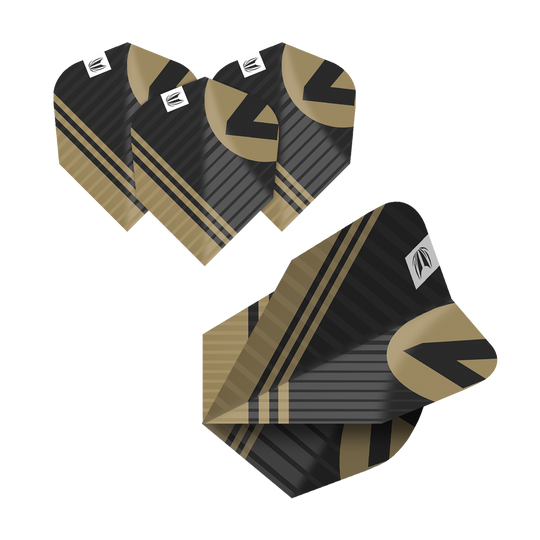 337206_Target_ProUltra_5Sets_Multipack_Chicane_Ten-X_Flights_6WG72nwjPOjvlR Das Bild zeigt fünf Sets der "Target Pro Ultra Chicane Multipack Ten-X Flights". Die Flights sind schwarz mit goldenen Streifen und einem auffälligen Design.