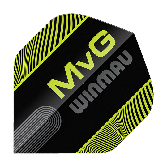 Vols standard Winmau Prism Delta MvG Noir Vert Texte N°2 Zu sehen ist das Produkt Winmau Prism Delta MvG Black Green Text No2 Standard Flights. Die Flights sind für Darts, in den Farben Schwarz und Grün mit Text.