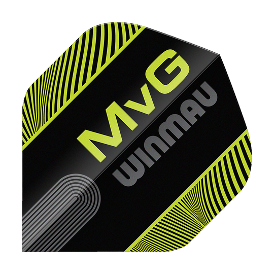 Vols standard Winmau Prism Delta MvG Noir Vert Texte N°2 Das Set Winmau Prism Delta MvG Black Green Text No2 Standard Flights wird gezeigt. Die Flights bestechen durch ihr spezielles Design.