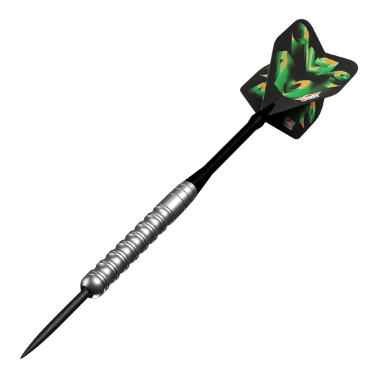 Fléchettes Bulls NL Chaos Green Steel - 24 g Das Bild zeigt die Bulls NL Chaos Green Steeldarts - 24g. Die grünen Steeldarts sind nebeneinander angeordnet.