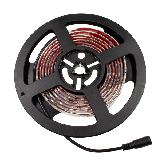 Target-Corona-Ersatzteil-LED-Band-1 Das Bild zeigt eine Rolle mit einem LED-Band als Ersatzteil für das Produkt "Target CORONA Vision". Das LED-Band ist auf einer schwarzen Spule aufgewickelt und hat einen Anschlussstecker.