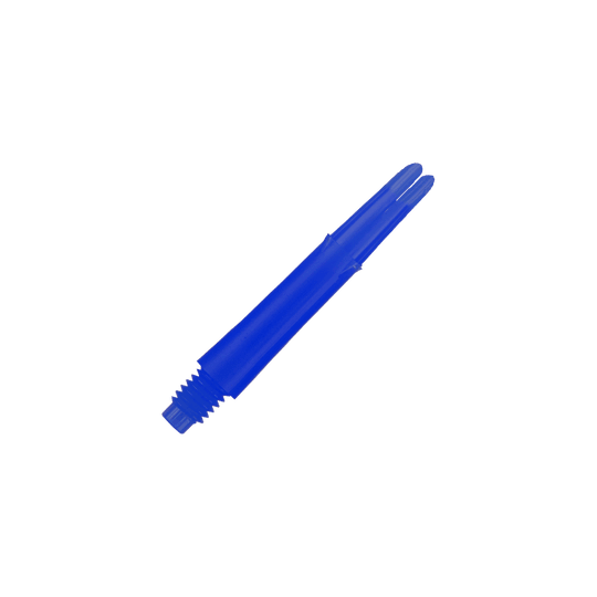 Arbres en L verrouillés droits - Bleus Das Bild zeigt einen blauen geraden Dart-Schaft mit Gewinde am unteren Ende. Der Schaft ist 32 mm lang und hat keine Kappen.