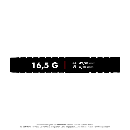 Fléchettes souples McDart 85 tungstène V15 - 16,5 g Das Bild zeigt die technischen Daten des Produkts "McDart 85er Tungsten V15 Softdarts - 16,5g". Der Dart wiegt 16,5 Gramm, ist 42,90 mm lang und hat einen Durchmesser von 6,10 mm.