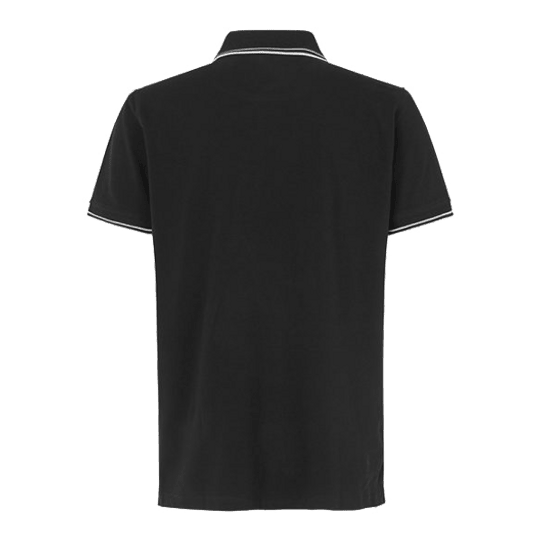 Polo Barrels and Shafts - Noir Das Bild zeigt ein schwarzes Poloshirt mit kurzen Ärmeln. Am Kragen und an den Ärmeln sind weiße Zierstreifen sichtbar.