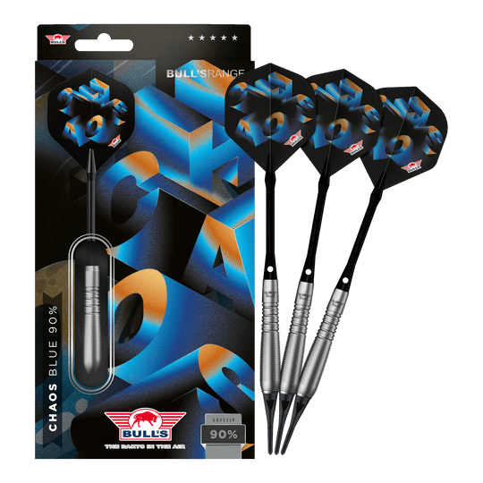 Fléchettes Bulls NL Chaos Blue Soft - 19 g Das Foto präsentiert Bulls NL Chaos Blue Softdarts mit 19g Gewicht in ihrer vollen Länge. Die Softdarts sind in auffälligem Blau gehalten.