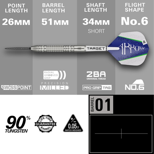 Fléchettes en acier Target Shane McGuirk GEN1 Swiss Point - 23 g Das Bild zeigt den Target Shane McGuirk GEN1 Swiss Point Steeldart mit einem Gewicht von 23g. Die wichtigsten Maße sind: Spitzenlänge 26mm, Barrellänge 51mm, Schaftlänge 34mm (kurz) und Flightform No.6.