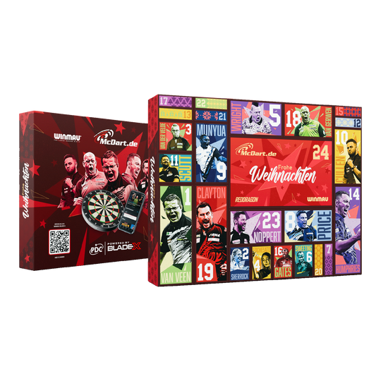 Calendrier de l'Avent McDart Steel Darts 2026 Hier ist der McDart Steel-Darts Adventskalender 2026 abgebildet. Die Verpackung hebt das Adventskalender-Design für Darts-Spieler hervor.