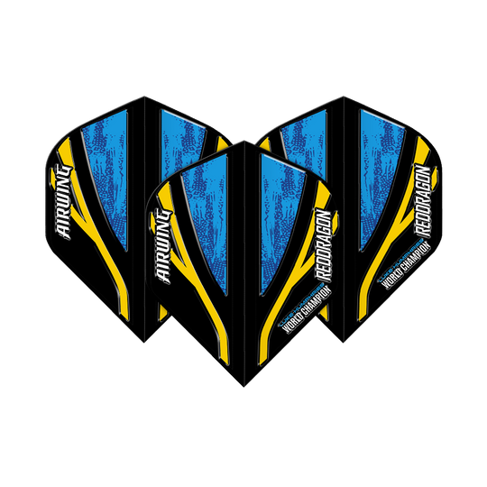 L'escadron aérien Red Dragon, Luke Humphries, champion du monde, vols standard noirs et bleus Das Bild zeigt drei Dartflights mit dem Namen "Red Dragon Airwing Luke Humphries World Champion Black Blue Standard Flights". Die Flights sind überwiegend blau und schwarz mit gelben Akzenten und weißer Schrift.