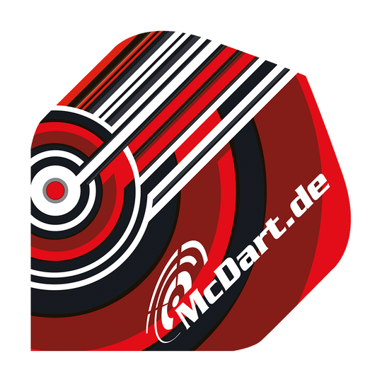 McDart Design V4 Standard Flights Das Bild zeigt das Produkt "McDart Design V4 Standard Flights". Das Flight-Design ist in Rot, Schwarz und Weiß gehalten und trägt die Aufschrift "McDart.de".