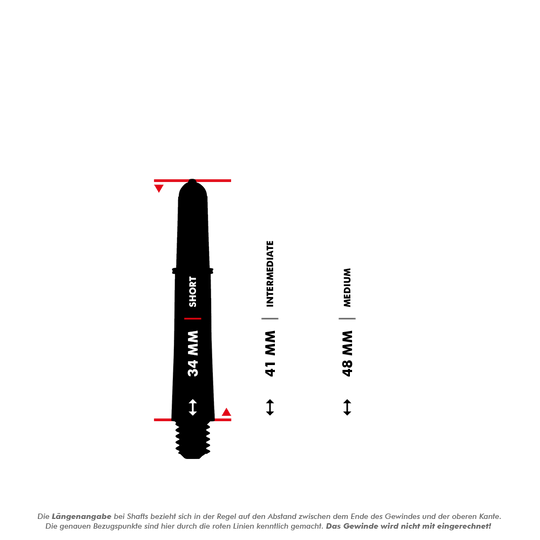 Tiges Target Pro Grip Vision - 3 jeux - Noires Das Bild zeigt einen kurzen Target Pro Grip Vision Shaft mit einer Länge von 34 mm. Rechts daneben sind die Größen "Intermediate" (41 mm) und "Medium" (48 mm) als Vergleich dargestellt.