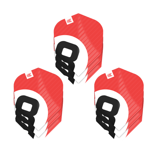 Das Bild zeigt drei Sets der Target Pro Ultra Chicane Red No6 Flights. Die Flights sind überwiegend rot mit weißen und schwarzen Designelementen.