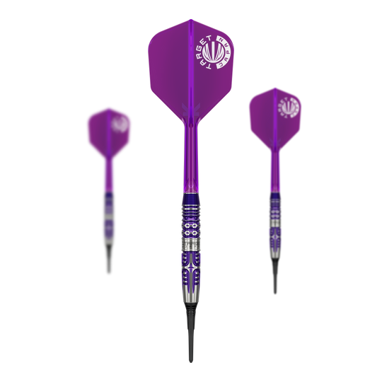 Auf dem Bild sind die Target Japan Endeavour Kasumi Sato GEN3 Softdarts - 19g als Set dargestellt. Dieses Set eignet sich für professionelle Dartspiele.