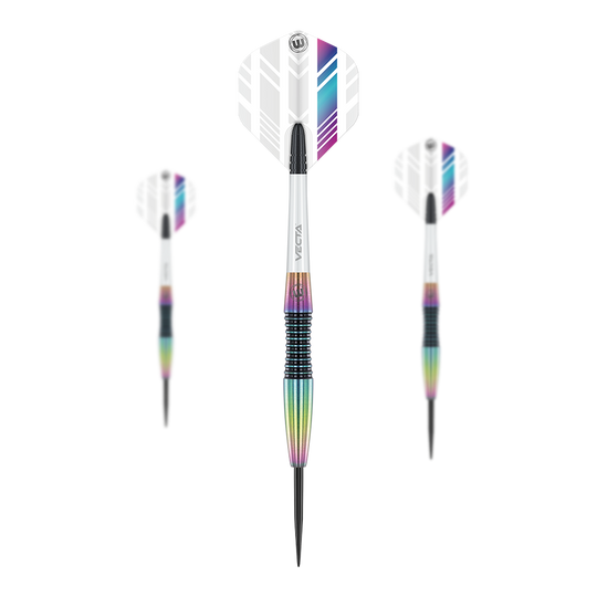 Fléchettes en acier Winmau Elektra Das Bild zeigt drei Winmau Elektra Steeldarts mit weißen Flights und bunten, metallischen Schäften. Die Darts sind modern gestaltet und haben schwarze Spitzen.